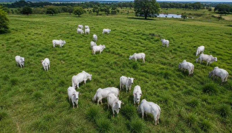 Vista aérea de rebanho de gado nelore pastando em pastagem verde