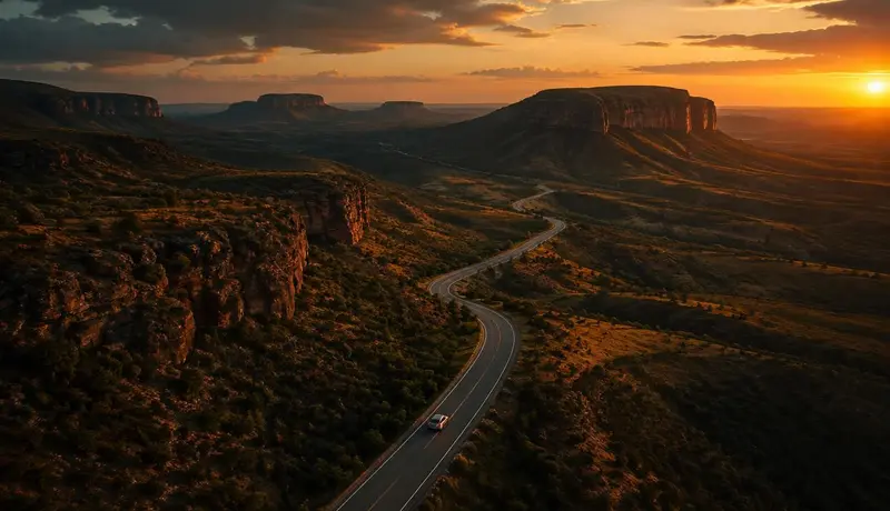 Plano aéreo cinematográfico de estrada sinuosa entre chapadas ao pôr do sol