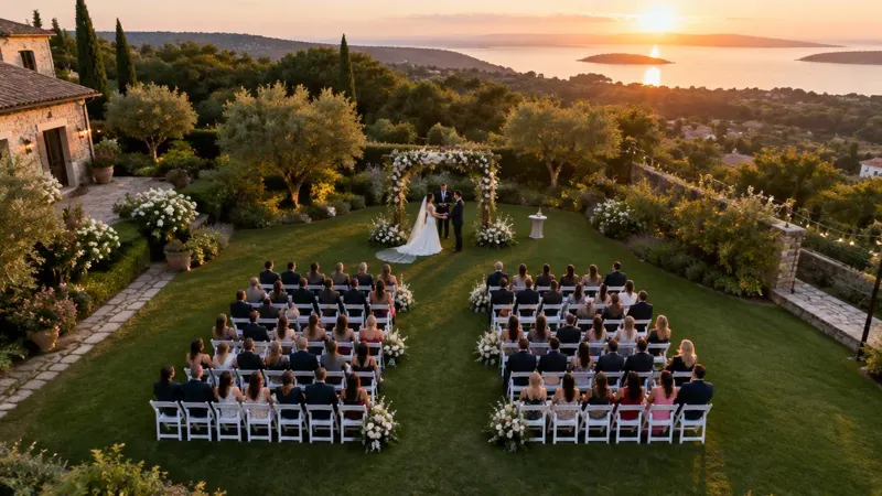 Cerimônia de casamento ao ar livre vista do alto ao entardecer