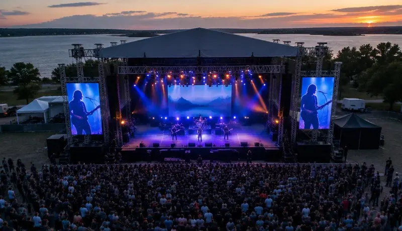 Vista aérea ao entardecer de palco de show ao ar livre com telões, iluminação colorida e público à frente