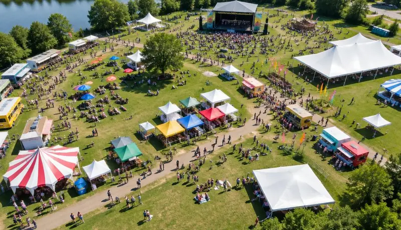 Vista aérea diurna de área de festival com tendas coloridas, food trucks, caminhos e palco sobre gramado