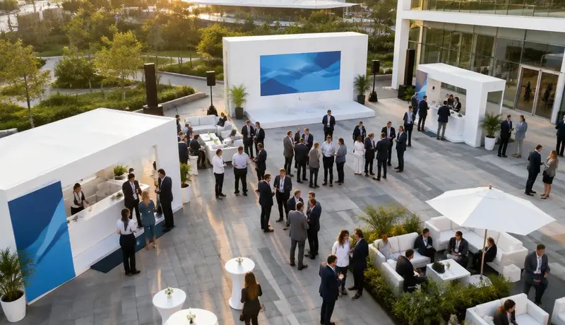Vista aérea de evento corporativo ao ar livre em pátio de edifício moderno com estandes brancos e convidados