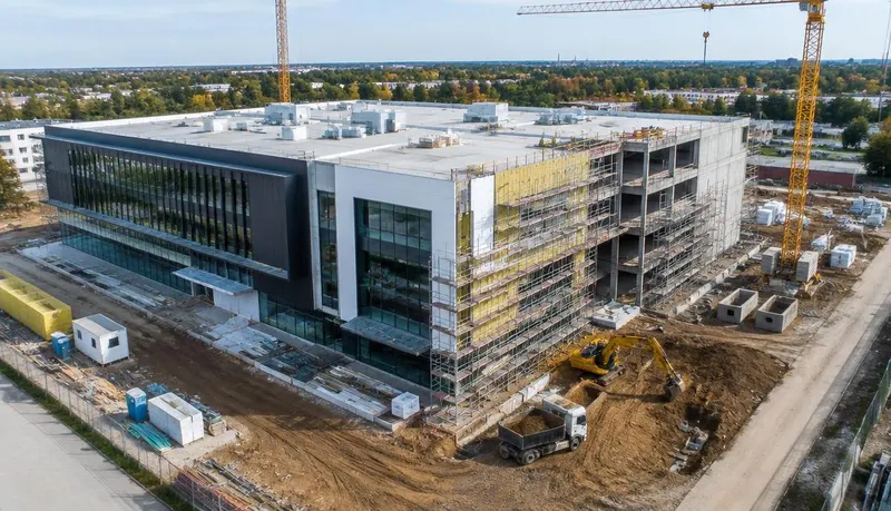 Vista aérea de edifício comercial em construção com fachada parcial, andaimes e guindaste