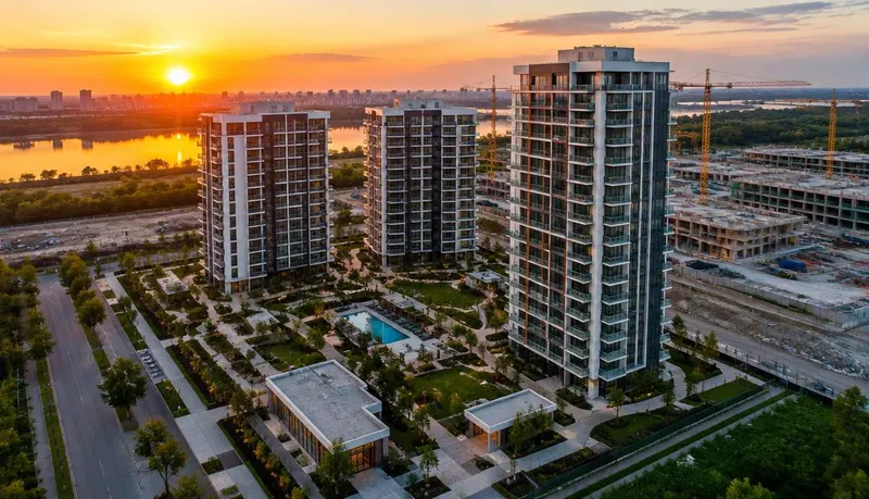 Vista aérea ao entardecer de empreendimento residencial com torres concluídas e áreas em construção